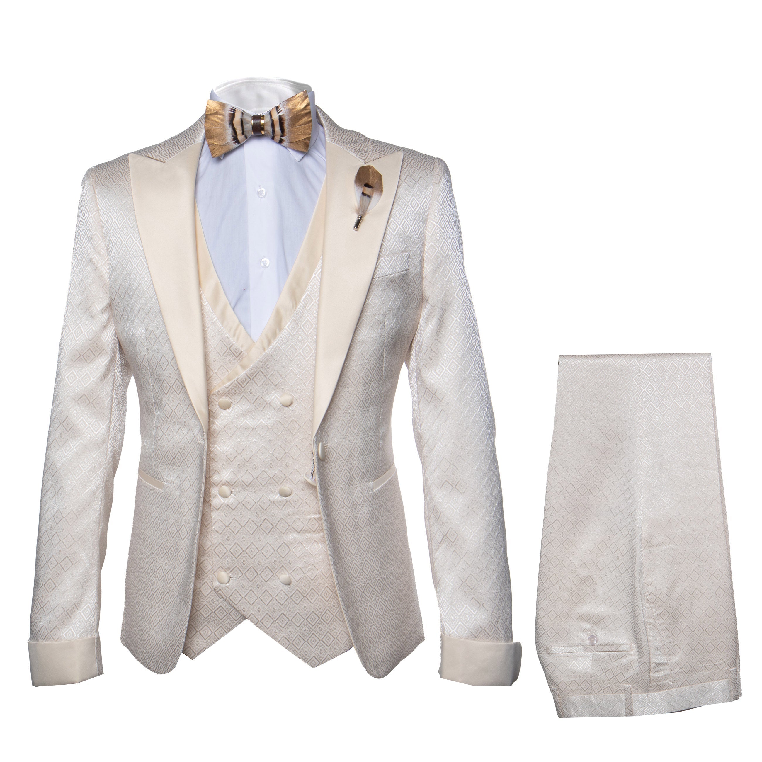 Rossi Man FORD RM1913 – Slim Fit 3-Piece Suit for Men in Off-White | Classic Style for Formal Occasions - XS