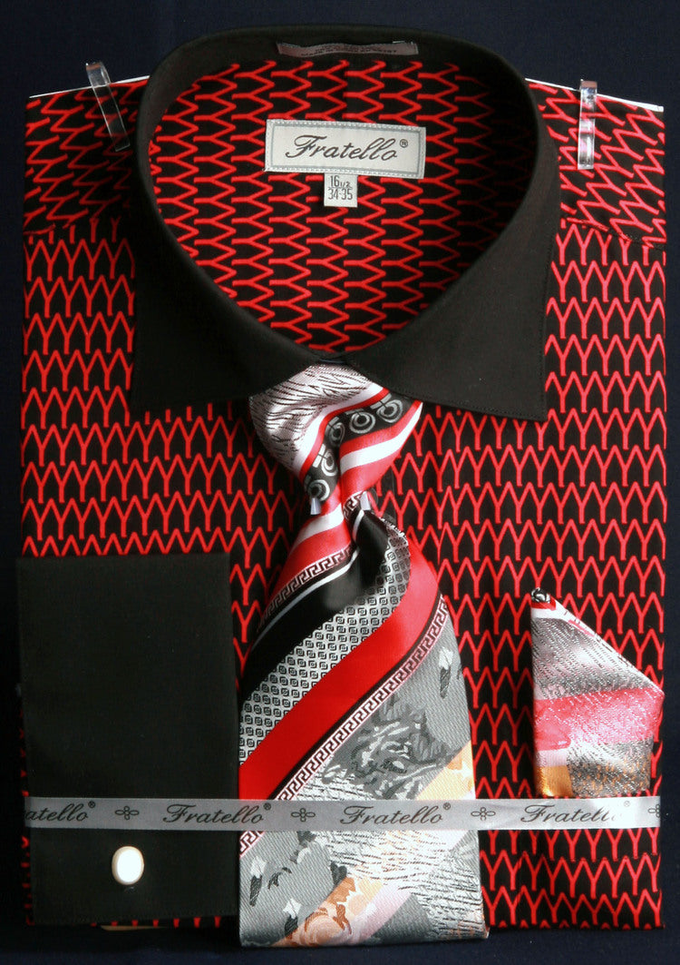 "Arch Pattern Men's French Cuff Shirt & Tie Combo - Spread Collar, Black & Red"