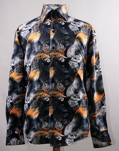 "Men's Regular Fit Sports Shirt - Fancy Japanese Wave Pattern, Black & Orange"