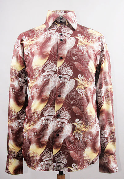 "Men's Regular Fit Sports Shirt - Fancy Japanese Wave Pattern, Brown"
