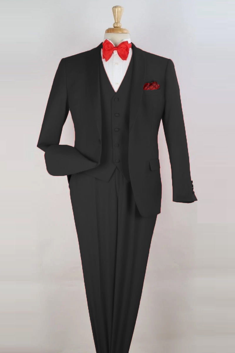 "Black Modern Fit Shawl Tuxedo - One Button Vested Men's Suit"
