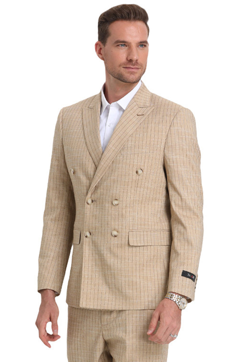 "Men's Slim Fit Double Breasted Pinstripe Summer Suit - Khaki"