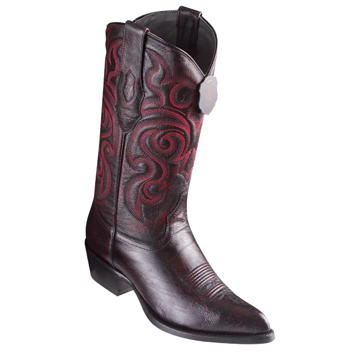 J Toe Cowboy Boots - J Toe Western Boots - Los Altos Boots - Mens Dress Cowboy Boot - Low Priced Black Cherry Ostrich Belly Cowboy Boots J-Toe- in Black Cherry - 6