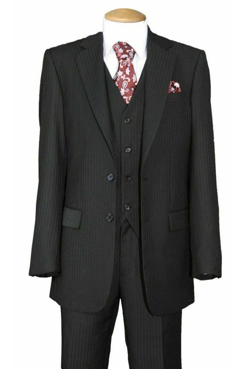 Black Tone on Tone Suit - Vested 2 Button Suit - Modern Fit Suit - Mini Shadow Stripe Suit - 38 Short Jacket+32 Waist Adjustable 28to34)(Height: 5 4 to5 7 )(Neck 15-16.5)S-M)