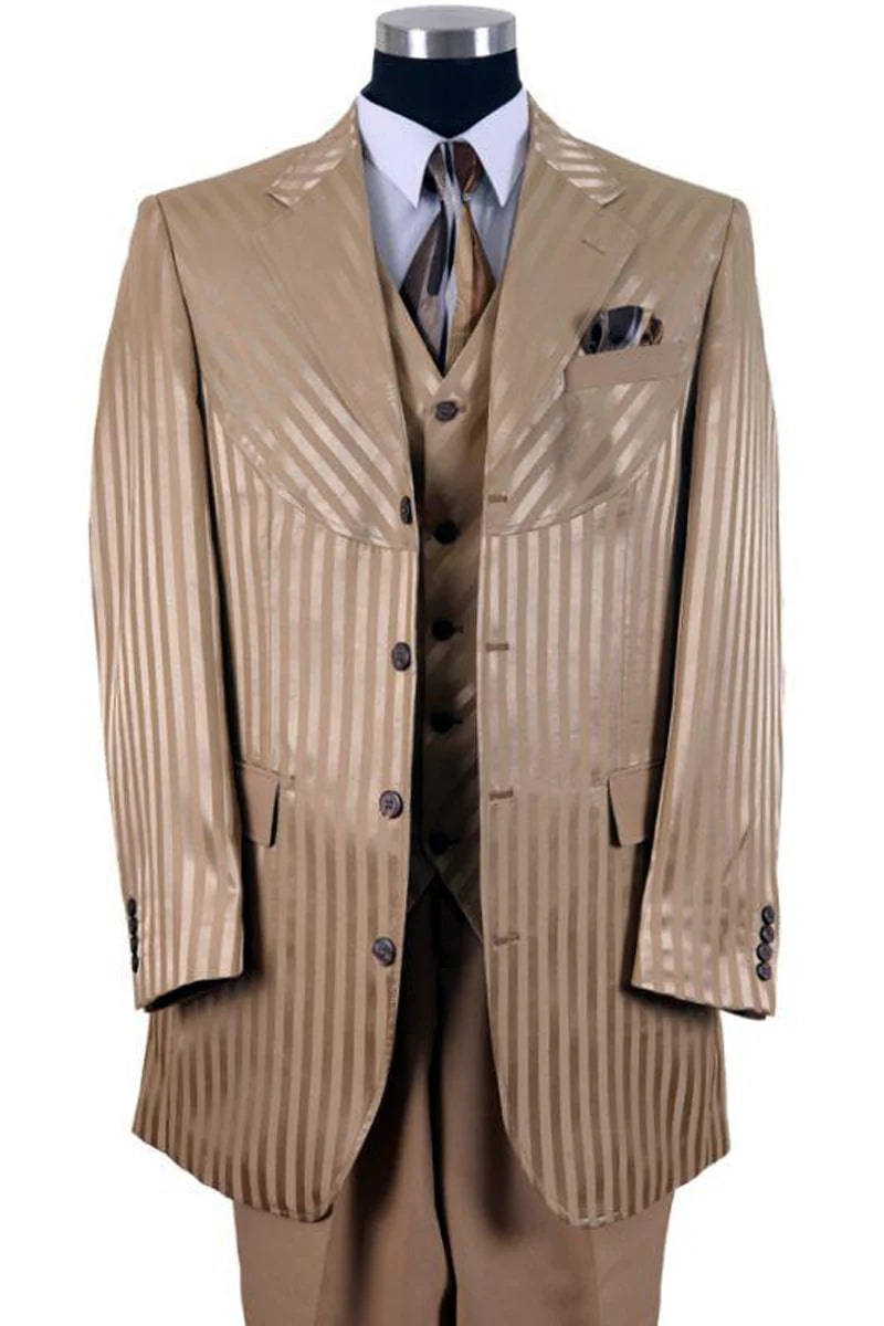 Mens 4 Button Diagonal Tonal Stripe Fashion Suit in Tan - 38 Short Jacket+32 Waist Adjustable 28to34)(Height: 5 4 to5 7 )(Neck 15-16.5)S-M)