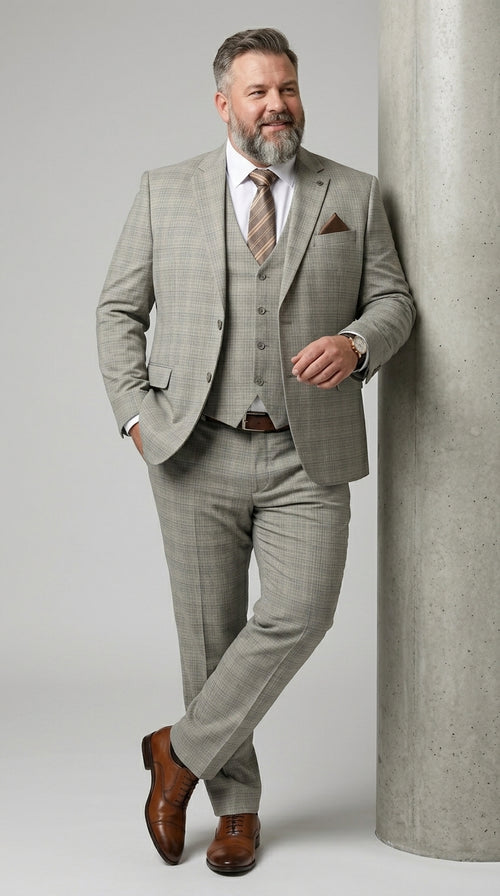 Men’s Khaki Glen Plaid Stacy Adams 3 Piece Suit, Two Button Peak Lapel Formal Wedding Suit Set