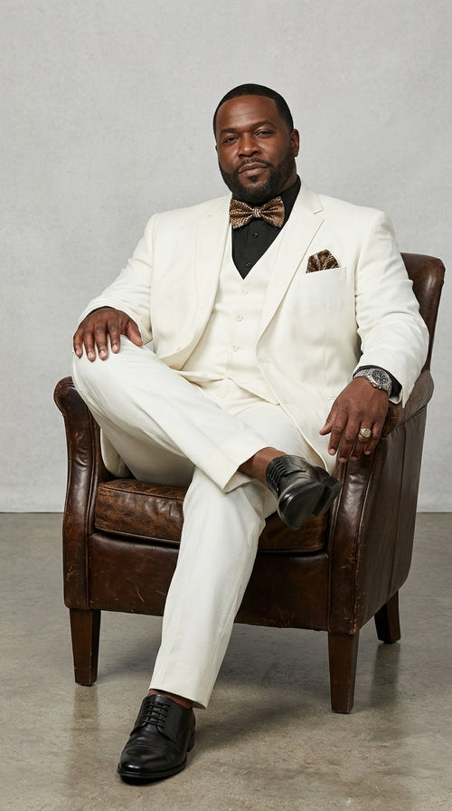 Men’s Off White 100% Wool Vested Suit, Solid Formal Wedding Prom 3 Piece Suit Set