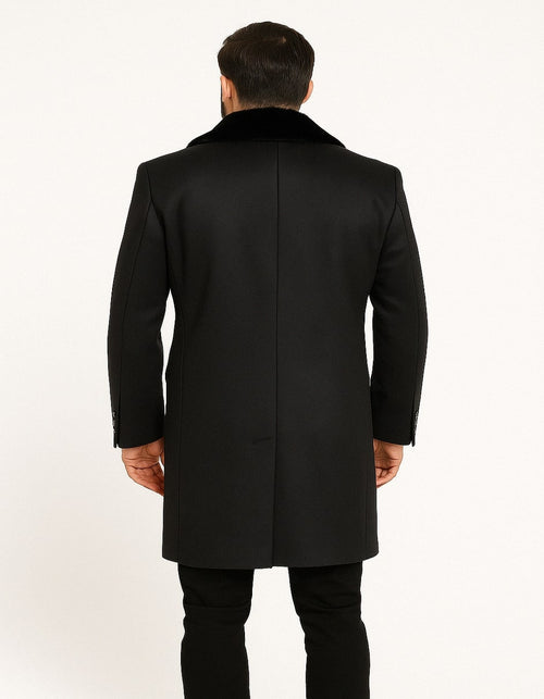 Mens Black Double-Breasted Overcoat with Faux Fur Collar and Gold Buttons