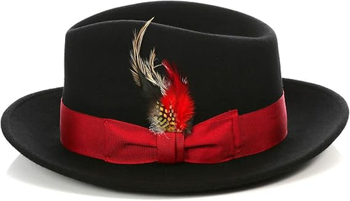 Gangster 100% Austrailian Wool Mens Fedora Hat - Removable Feather Gangster Black/Red Mens Fedora Hat