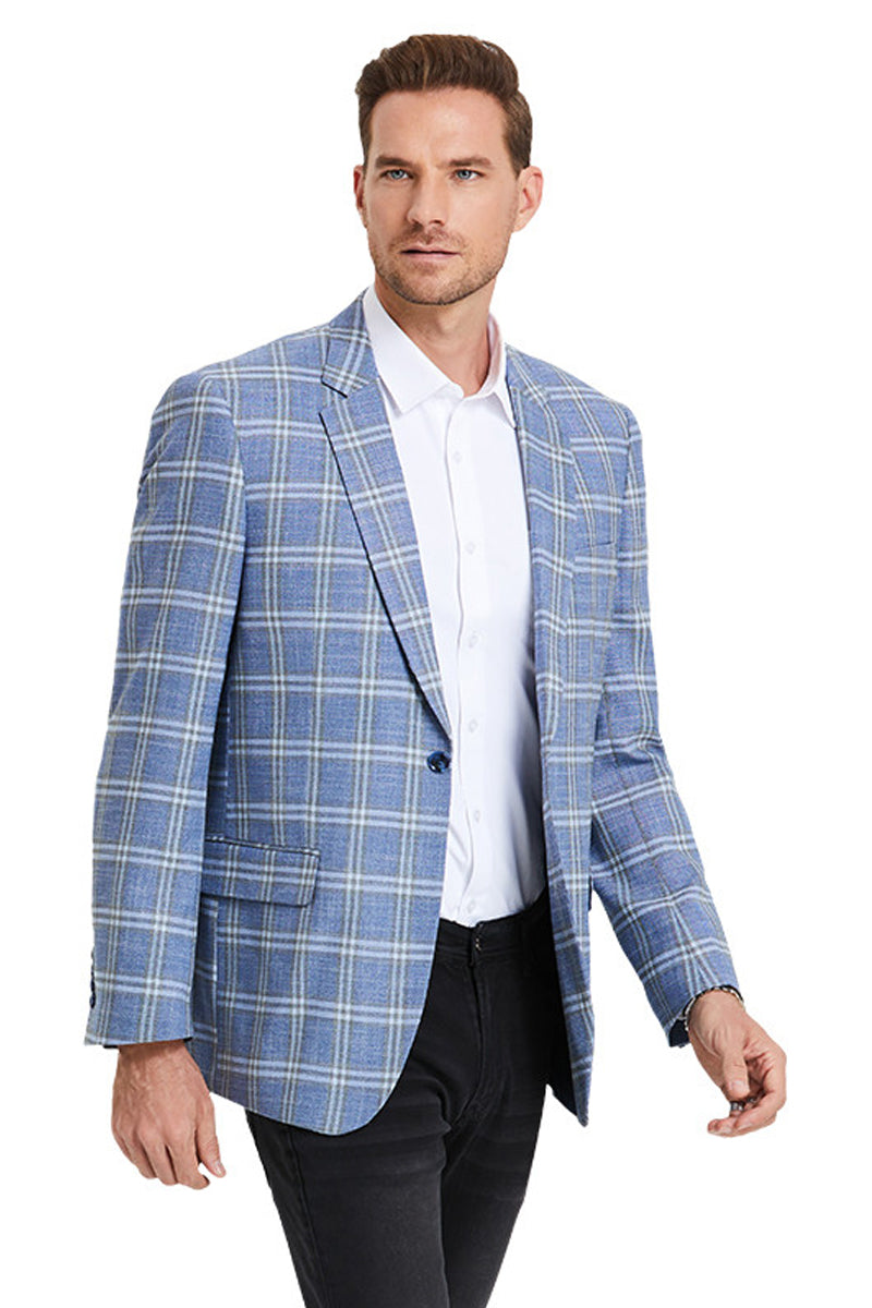 "Blue Double Windowpane Sport Coat - Men's Two Button Business Casual" - 34 Short