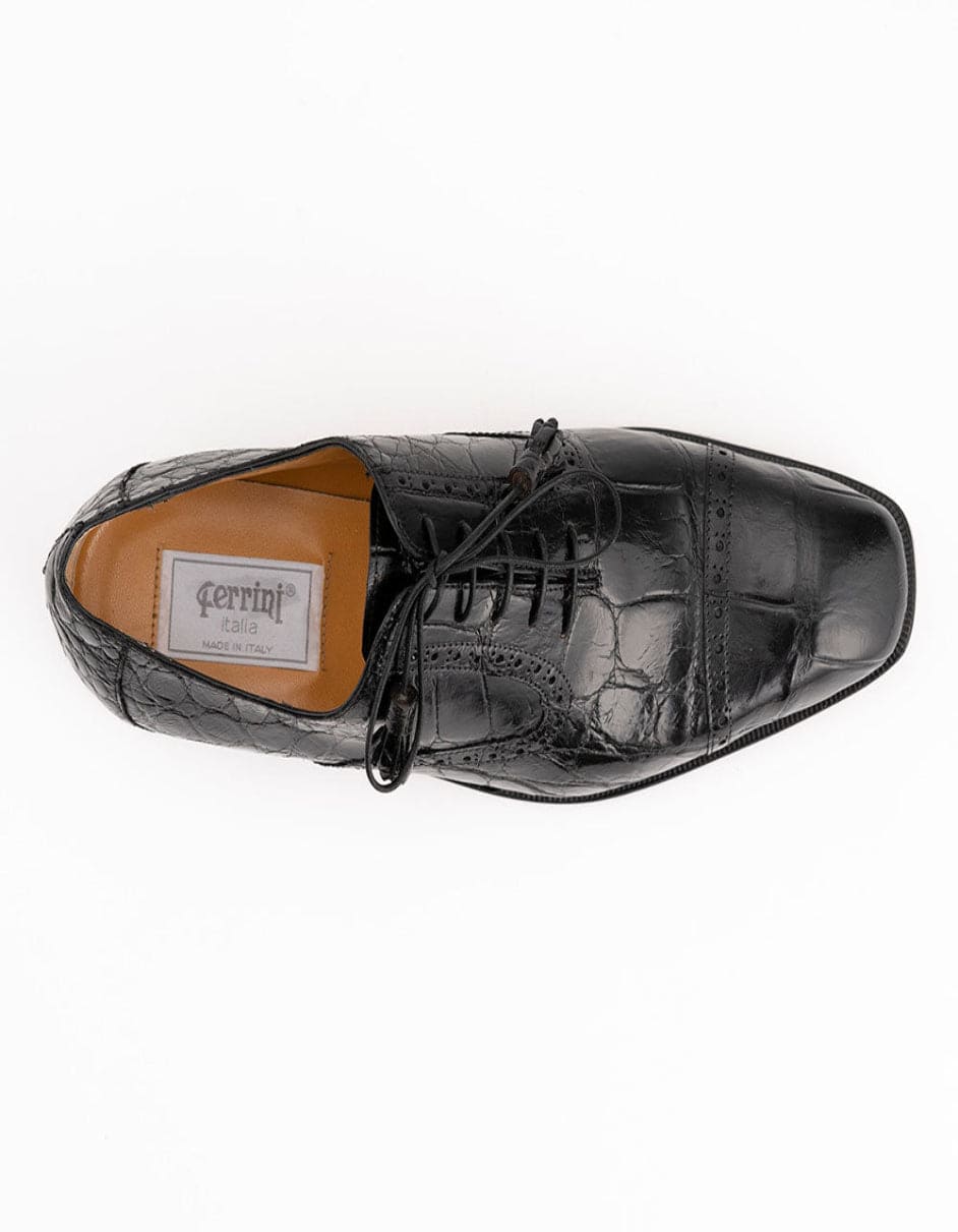 Ferrini Shoes - Mens Alligator Dress Shoe - Ferrini 3922 Belly Alligator Cap Toe Shoes Black - 9M