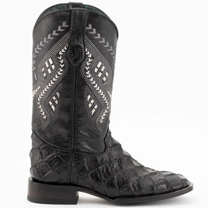 Ferinni Boot - Mens Dress Cowboy Boot - Ferrini Bronco Men's Print Pirarucu Fish Boots Handcrafted Black in Black Color - 8D