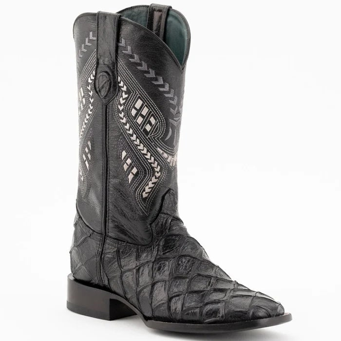 Ferinni Boot - Mens Dress Cowboy Boot - Ferrini Bronco Men's Print Pirarucu Fish Boots Handcrafted Black in Black Color - 8D
