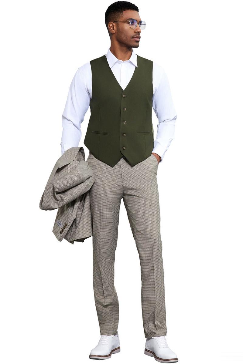 Men's Stacy Adams One Button Peak Lapel Vested Micro Check in Sage Green with an Olive Green Vest - 38 Regular