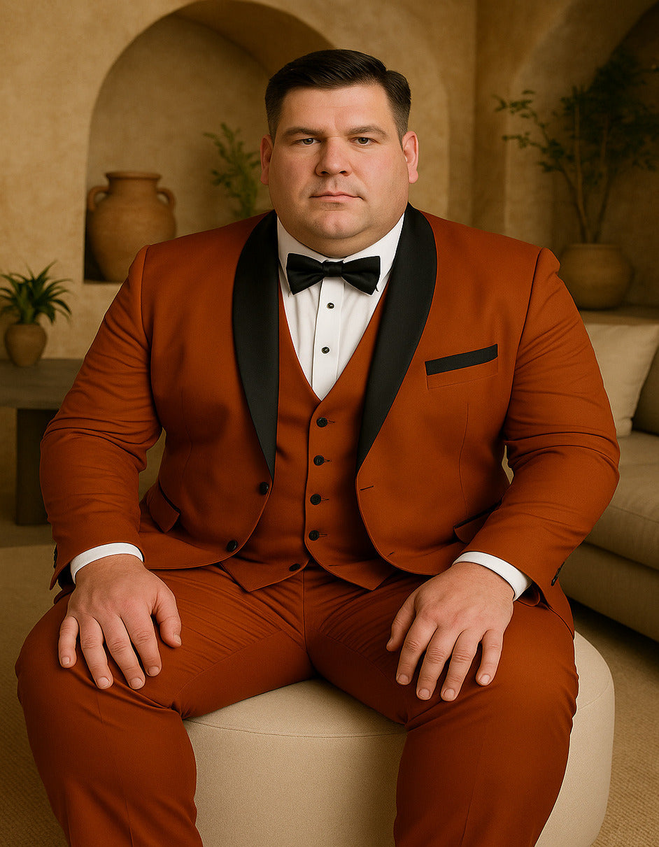Men's Burnt Orange Tuxedo Suit – 3-Piece Slim Fit with Black Satin Shawl Lapel - 34 Short or Extra Small