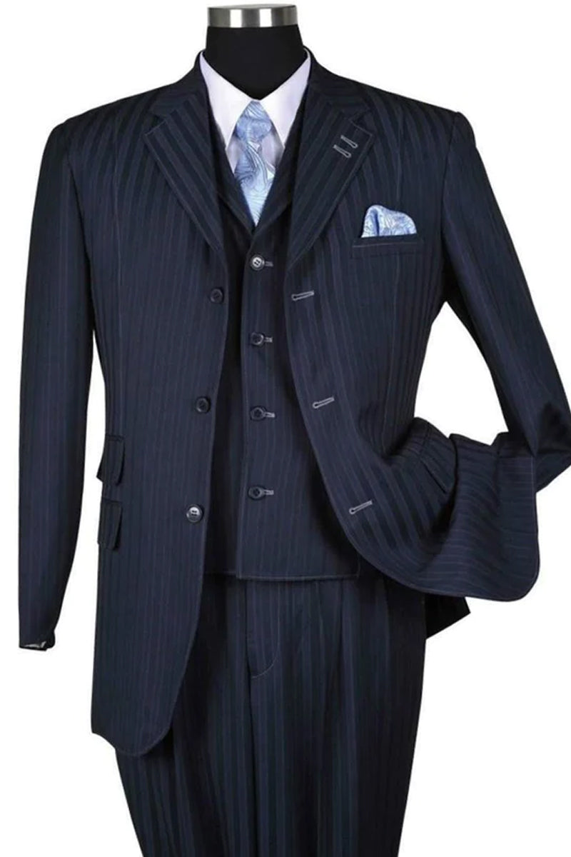 "Navy Blue Men's 3-Button Vested Pinstripe Fashion Suit"