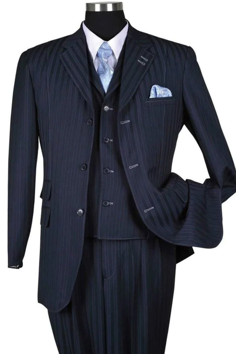 "Navy Blue Men's 3-Button Vested Pinstripe Fashion Suit" - 38 Long