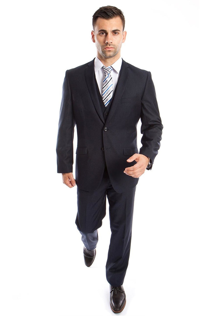 "Navy Blue Slim Fit Men's Wedding Suit - Two Button Basic Vested"