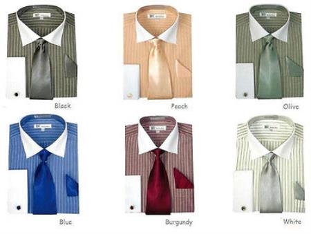 French Cuff Stylish Striped Formal Spread Collar Set Style White Collar Two Toned Contrast Multi-Color Men's Dress Shirt-New Designer Collection