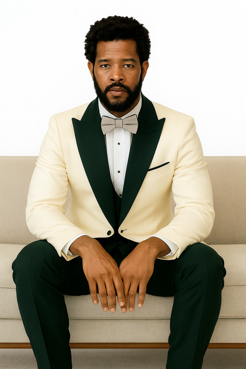 Hilton White and Black Paisley Peak Lapel Tuxedo Jacket with Matching Shawl Vest and Wool Pants Includes Bow Tie