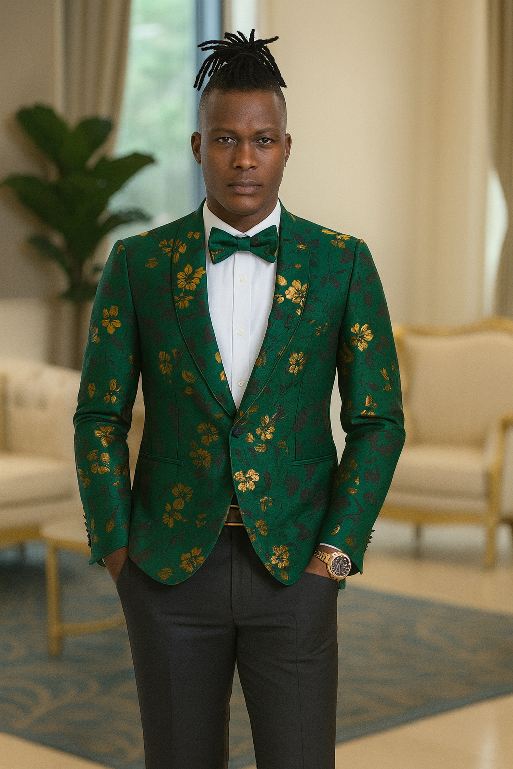 Men's slim fit hunter green and gold paisley prom and wedding tuxedo jacket - Large
