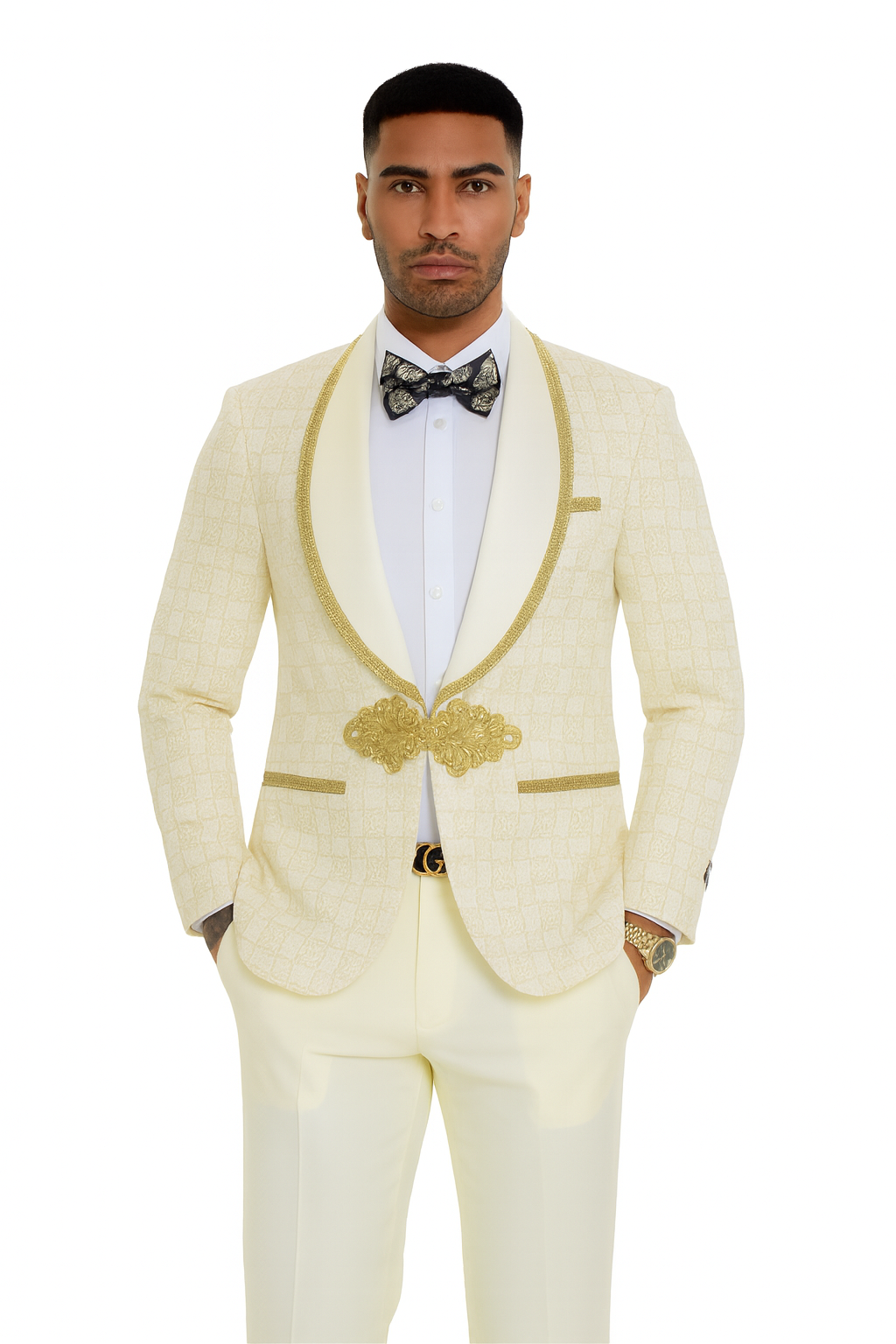 2025 Ivory and Gold 2pc Men's Prom 2025 Suit by Tazzio - 38 Short Jacket+32 Waist Adjustable 28to34)(Height: 5 4 to5 7 )(Neck 15-16.5)S-M)