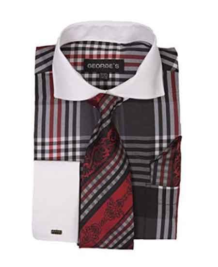Black Long Sleeve White Collar Two Toned Contrast Plaid Window Pane Pattern Tie Set French Cuffed Men's Dress Shirt - 15.5" Neck 34-35 Sleeve