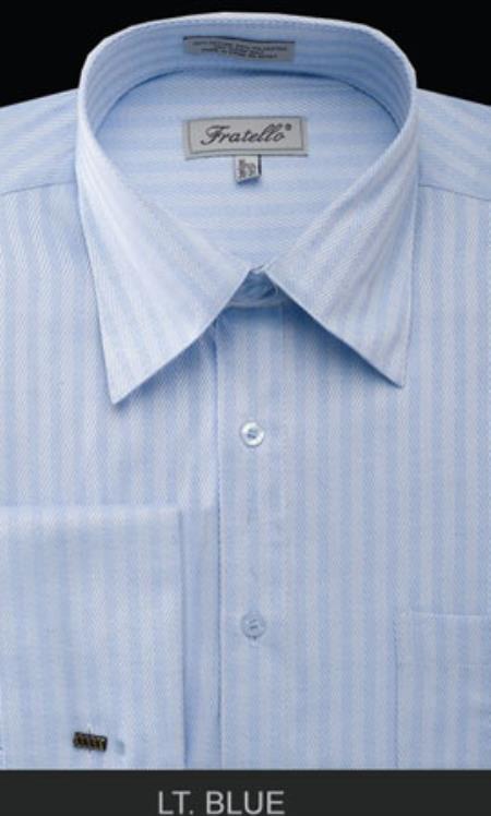 Fratello French Cuff Light Blue - Herringbone Tweed Stripe Big And Tall Sizes Men's Dress Shirt