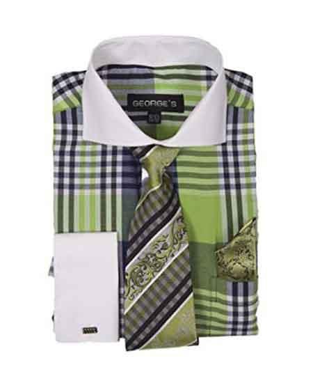 Plaid Window Pane Pattern Long Sleeve White Collar Two Toned Contrast Tie Set French Cuffed Lime Men's Dress Shirt