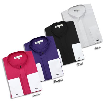 Men's Fashion Hidden Button French Cuff Mandarin Collarless Preacher Round Style Men's Dress Shirt - 16" Neck / 34-35" Sleeve