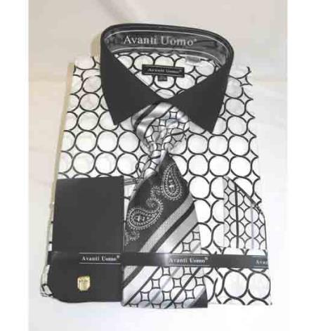 Cotton French Cuff With Collar Interlocking Ring White Black Men's Dress Shirt - 15.5" Neck 34-35 Sleeve