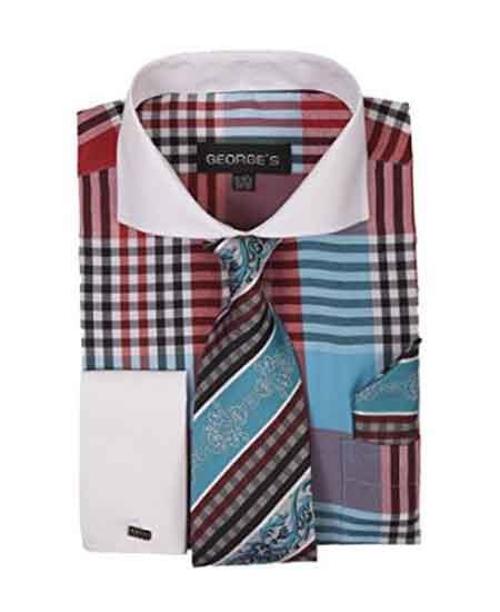 Aqua ~ Turquoise Color Plaid Window Pane Pattern Long Sleeve French Cuffed White Collar Two Toned Contrast Tie Set Men's Dress Shirt - 15.5" Neck 34-35 Sleeve
