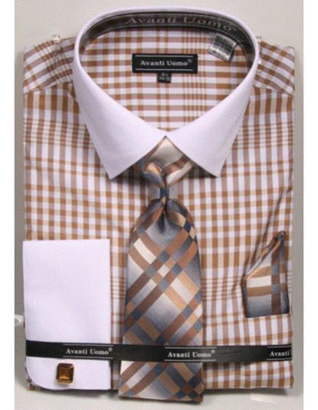 White Collared French Cuffed Beige Shirt With Tie/Hanky/Cufflink Set Men's Dress Shirt