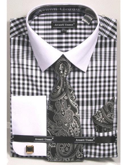 White Collared French Cuffed Black Shirt With Tie/Hanky/Cufflink Set Men's Dress Shirt - Small