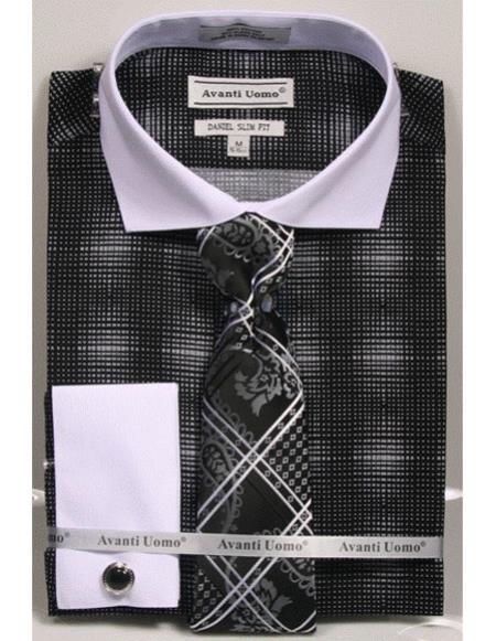 Black Woven Design White Collared French Cuffed Slim Fit Men's Dress Shirt - Small