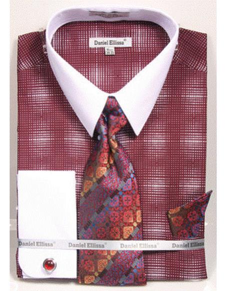 White Collared French Cuffed Burgundy ~ Wine ~ Maroon Color Woven Design Shirt With Tie/Hanky/Cufflink Set Men's Dress Shirt