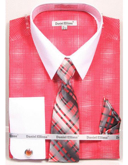 White Collared French Cuffed Salmon ~ Coral Color Woven Design Shirt With Tie/Hanky/Cufflink Men's Dress Shirt - Small