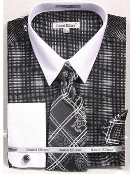 White Collared French Cuffed Black Woven Design Shirt With Tie/Hanky/Cufflink Set Men's Dress Shirt
