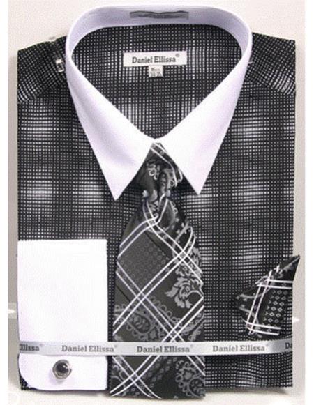 White Collared French Cuffed Black Woven Design Shirt With Tie/Hanky/Cufflink Set Men's Dress Shirt - Small