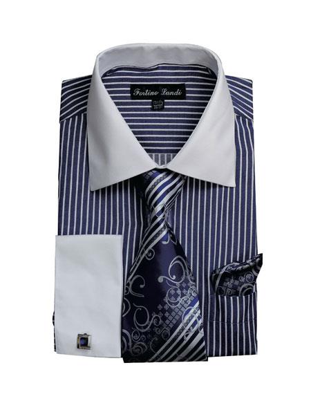 Men's White Collared French Cuffed Navy Dress Shirt & Tie Set
