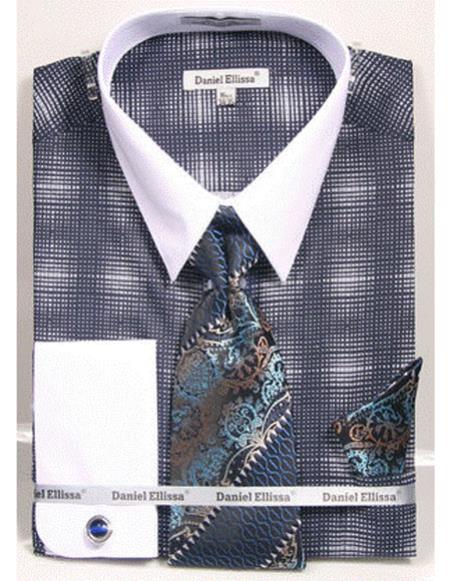 White Collared French Cuffed Navy Woven Design Shirt With Tie/Hanky/Cufflink Men's Dress Shirt
