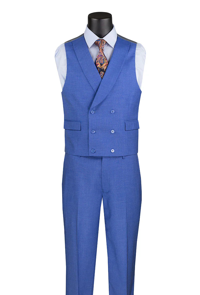 French Blue Modern Fit 3-Piece Suit with Lapel Vest & Adjustable Pants - 38 Short - 32 Waist