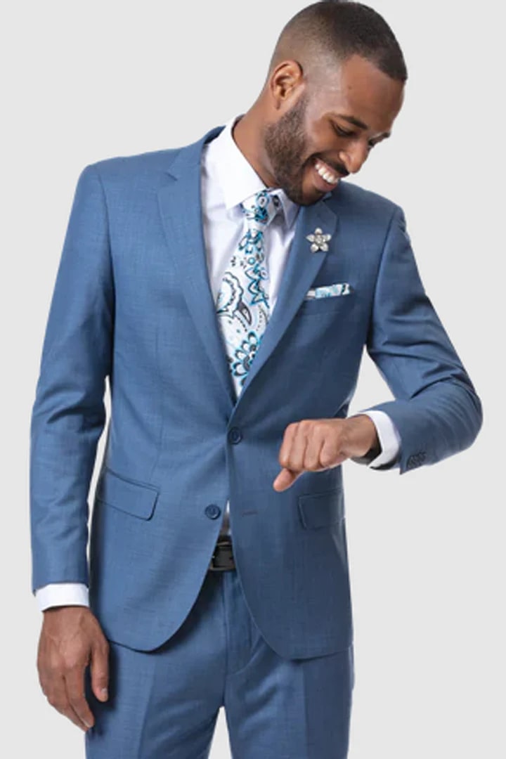 Cheap Priced Suit - Mens Two Button Modern Fit Sharkskin Weave French Blue Suit - 38 Short Jacket+32 Waist Adjustable 28to34)(Height: 5 4 to5 7 )(Neck 15-16.5)S-M)