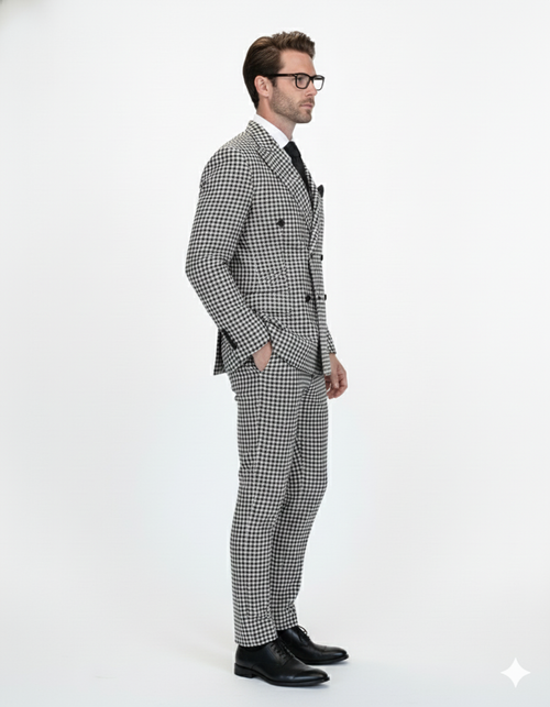 Double Breasted Suits - Vested Suits Wool Fabric - Black Houndstooth Suit