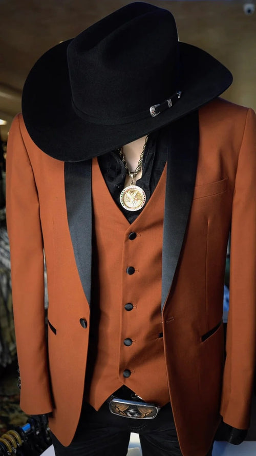 Mens Rust Copper Western 3-Piece Suit β Cowboy Tuxedo with Black Shawl Lapel