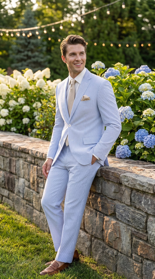 Men’s Navy Seersucker 2 Piece Suit, Modern Fit Summer Wedding Dress Suit