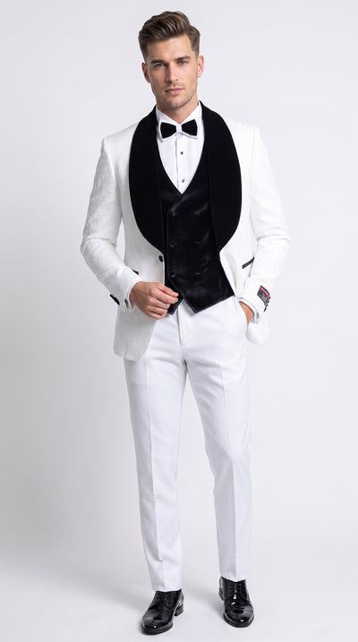 Gianni Men’s White 3 Piece Tuxedo with Black Velvet Lapel, Tailored Fit Formal Wedding Prom Suit