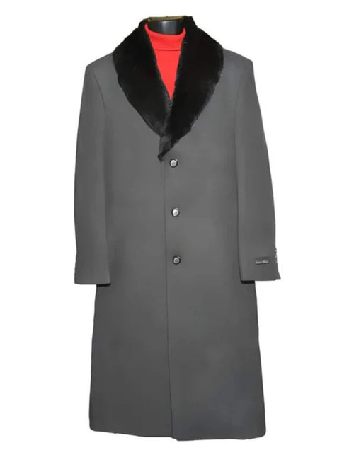 Fur Collar Dark Charcoal Grey 3 Button Wool Ankle length Overcoat ~ Long men's Dress Topcoat - Winter coat