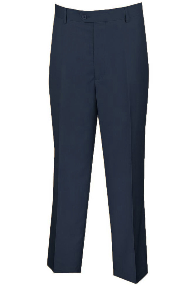 "Navy Blue Men's Regular Fit Wool Dress Pants - Flat Front Style"