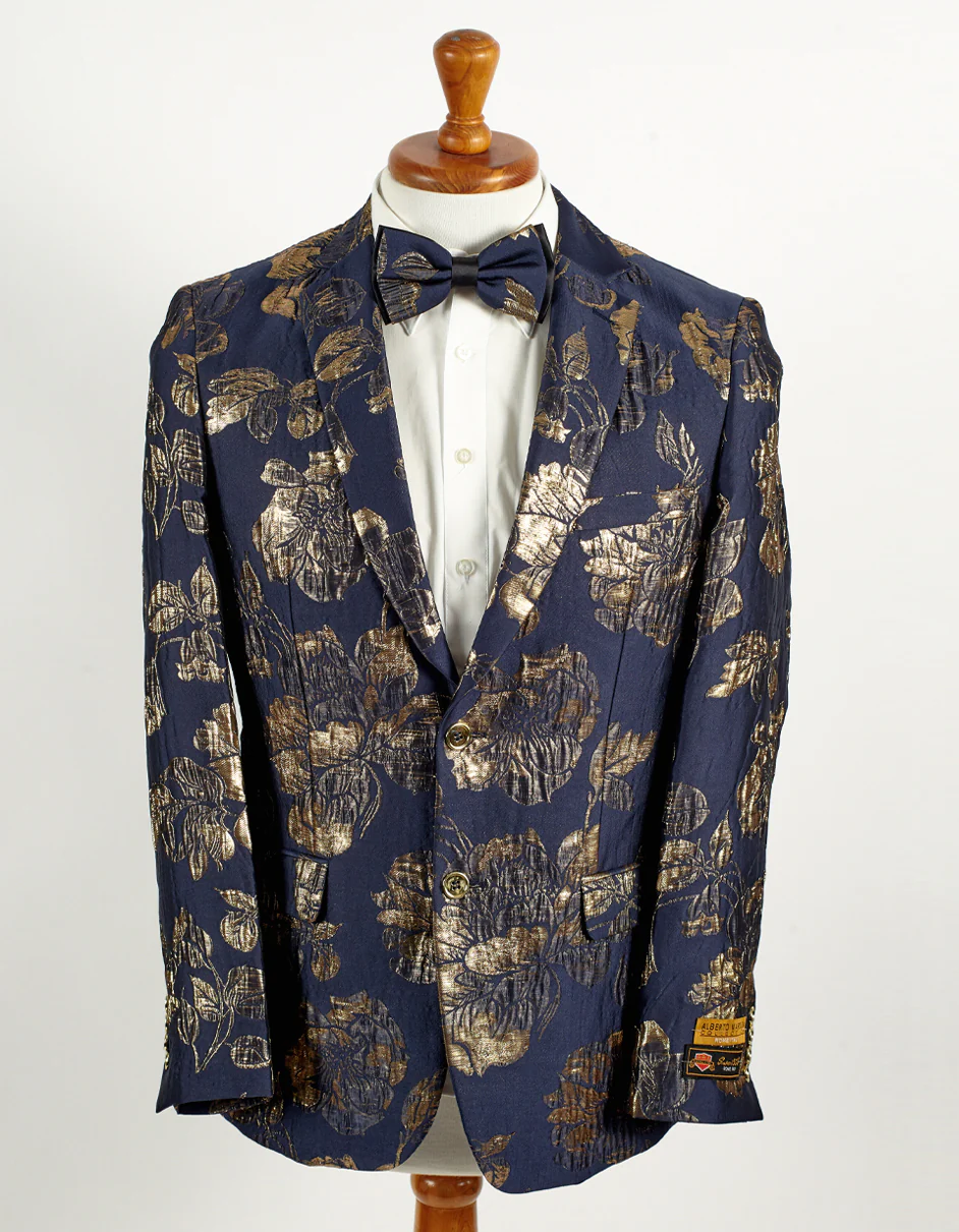 Best Mens 2 Button Navy Blue & Gold Foil Floral Paisley Prom & Wedding Blazer - For Men  Fashion Perfect For Wedding or Prom or Business  or Church